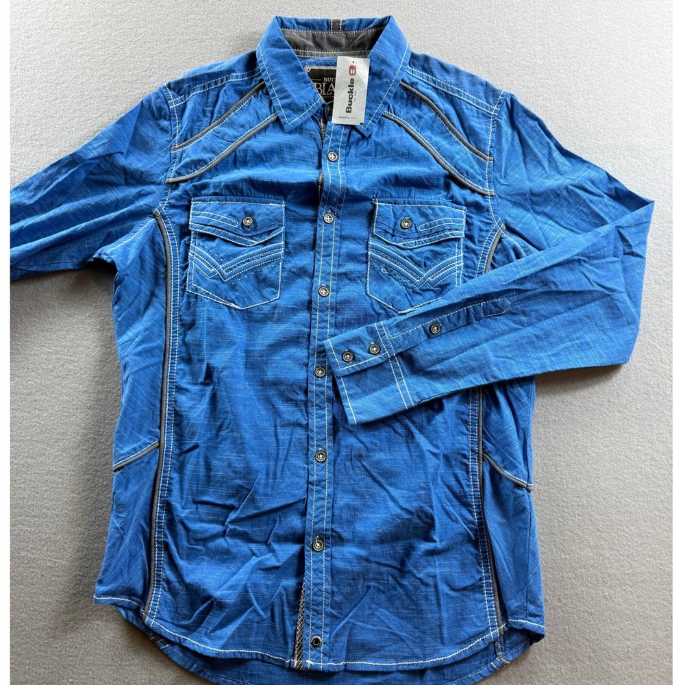 Buckle Black Button Down Shirt Mens Small Royal Blue Contrast Stitch New